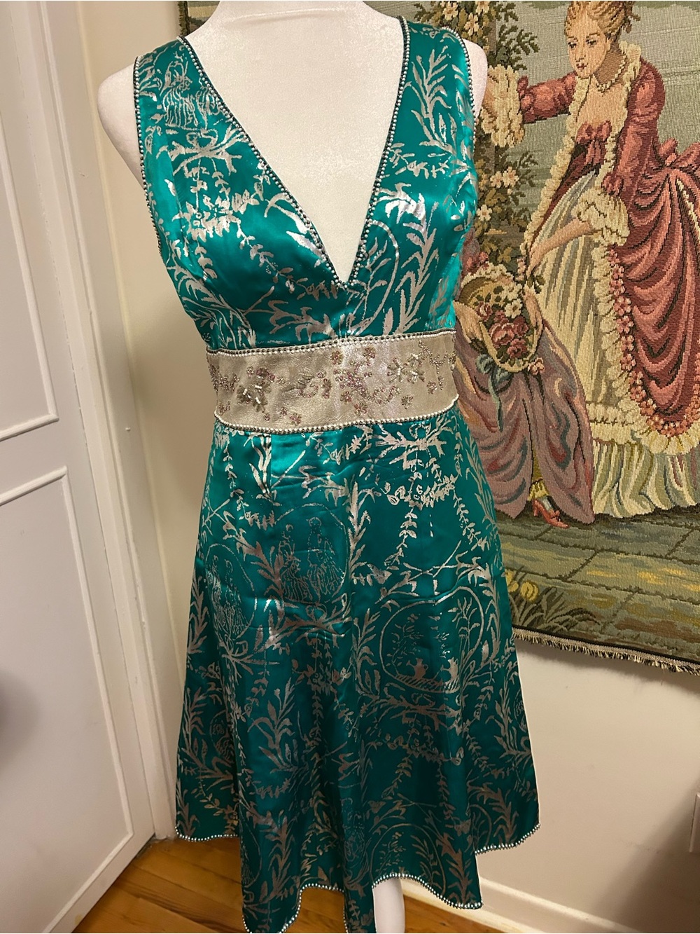 Marciano Teal Satin Midi Dress with Silver Embellished Waist